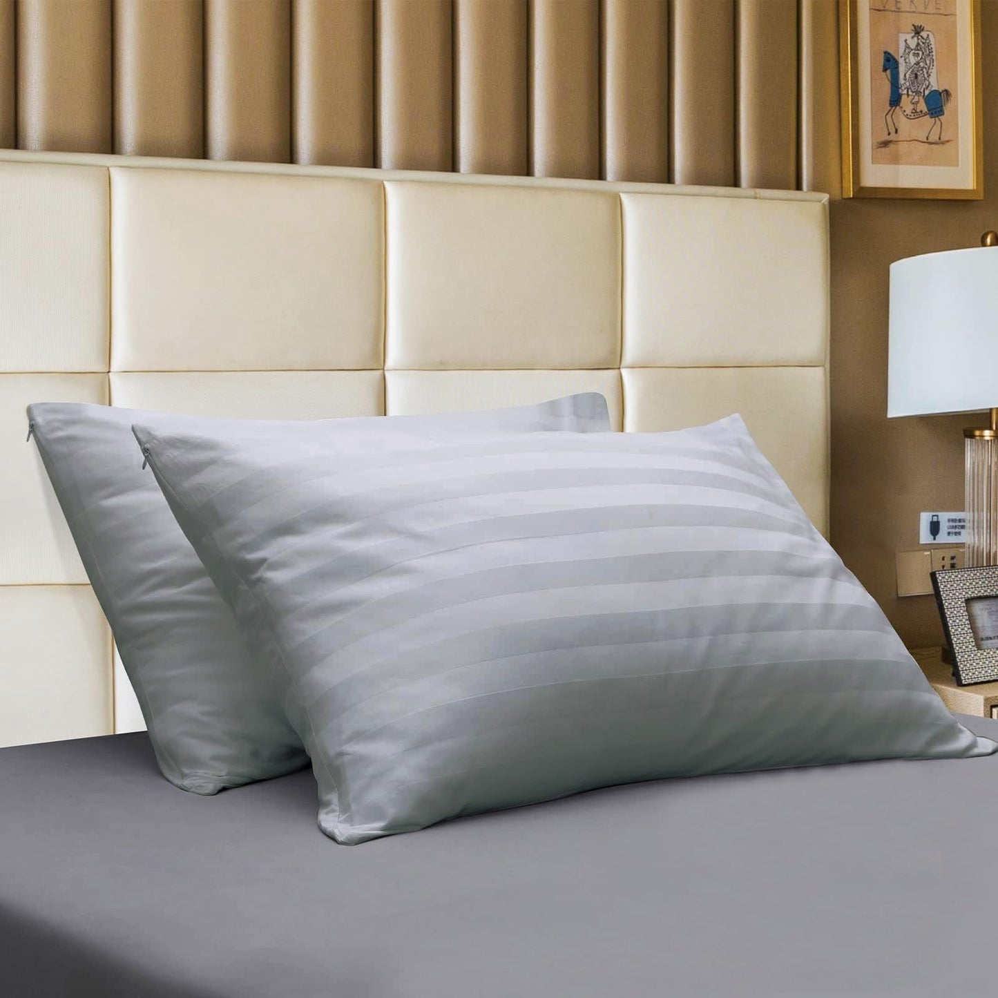 Standard Pillow Protector Set of 4, 100% Egyptian Cotton Pillow Cases with Zipper 400 Thread Count Sateen Weave Cotton Grey Stripe Pillow Protector Standard Size Pillow Covers for Home/Hotel