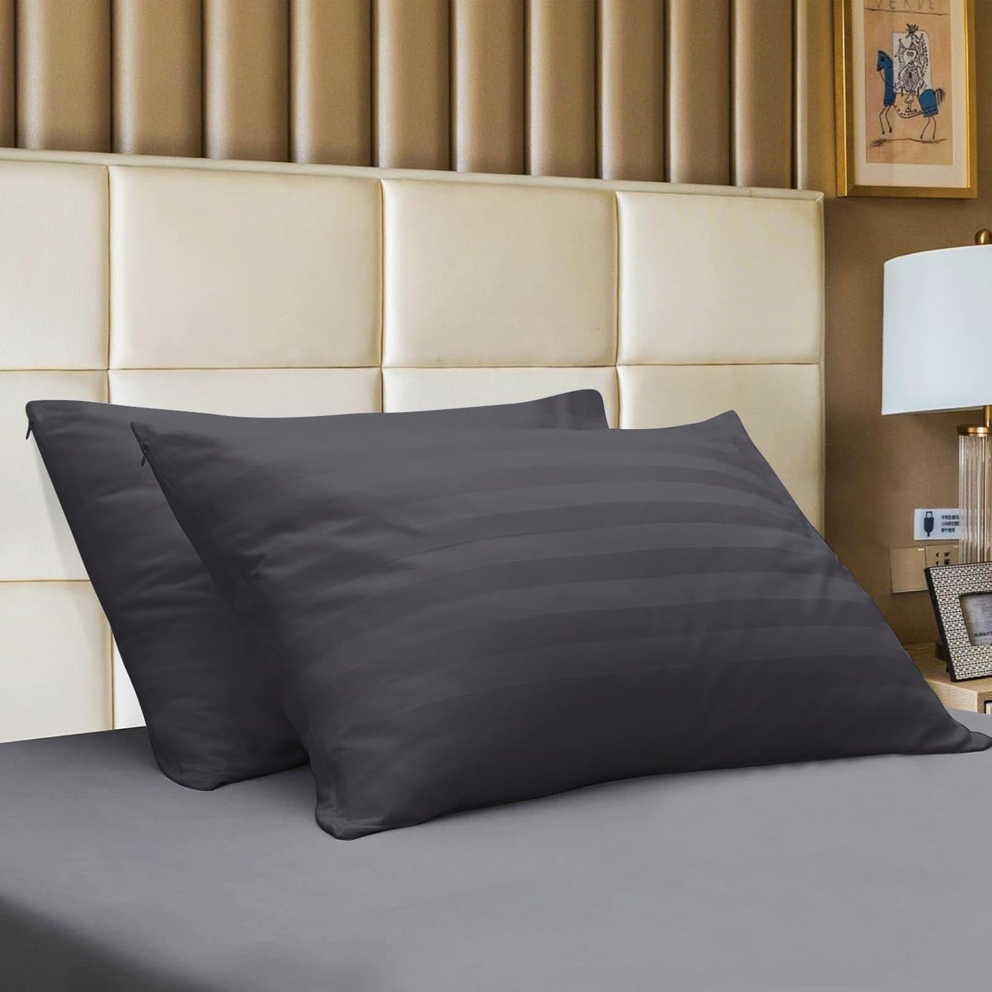 Standard Pillow Protector Set of 4, 100% Egyptian Cotton Pillow Cases with Zipper 400 Thread Count Sateen Weave Cotton Grey Stripe Pillow Protector Standard Size Pillow Covers for Home/Hotel