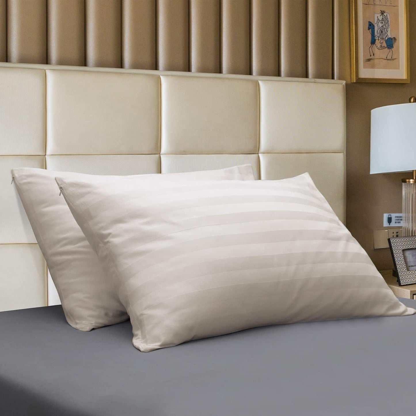 Standard Pillow Protector Set of 4, 100% Egyptian Cotton Pillow Cases with Zipper 400 Thread Count Sateen Weave Cotton Grey Stripe Pillow Protector Standard Size Pillow Covers for Home/Hotel