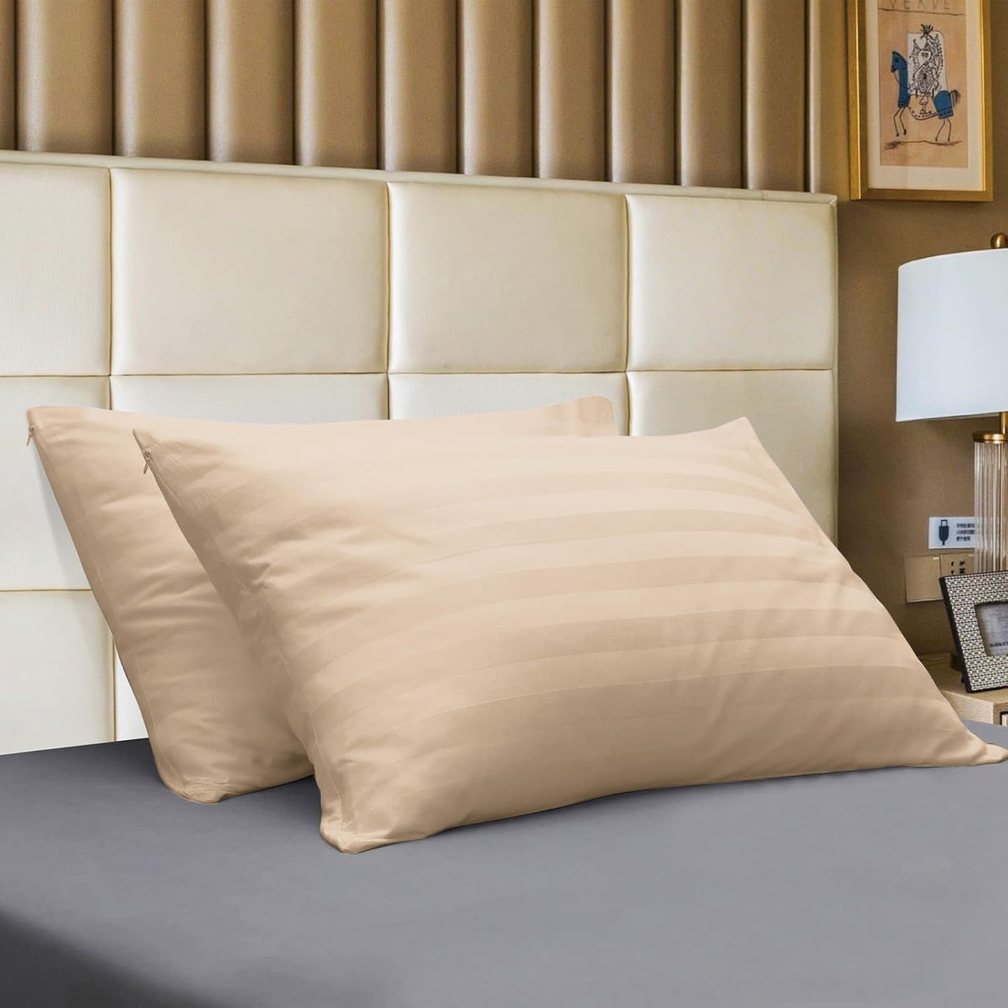 Standard Pillow Protector Set of 4, 100% Egyptian Cotton Pillow Cases with Zipper 400 Thread Count Sateen Weave Cotton Grey Stripe Pillow Protector Standard Size Pillow Covers for Home/Hotel