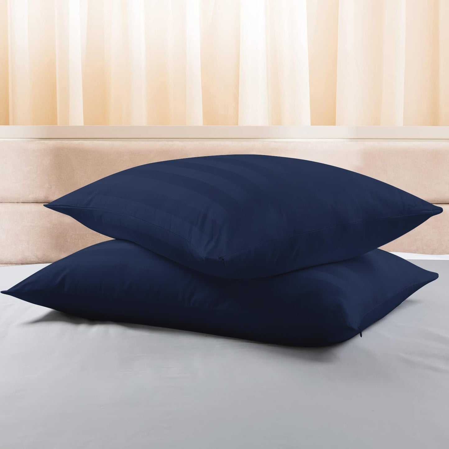 Standard Pillow Protector Set of 4, 100% Egyptian Cotton Pillow Cases with Zipper 400 Thread Count Sateen Weave Cotton Grey Stripe Pillow Protector Standard Size Pillow Covers for Home/Hotel