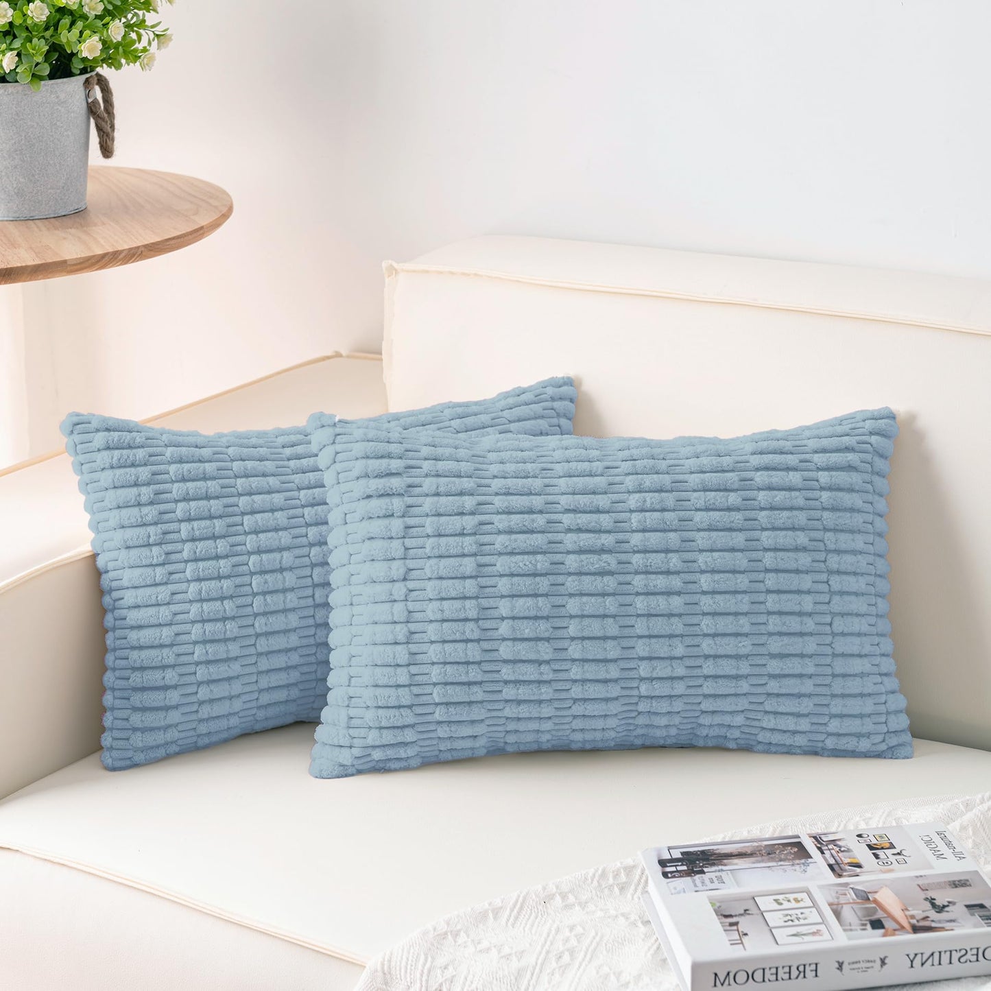 Pack of 2 Corduroy Decorative Throw Pillow Covers 18x18 Inch Soft Striped Pillow Covers Modern Farmhouse Home Decor for Sofa Living Room Couch Bed(Cream White)