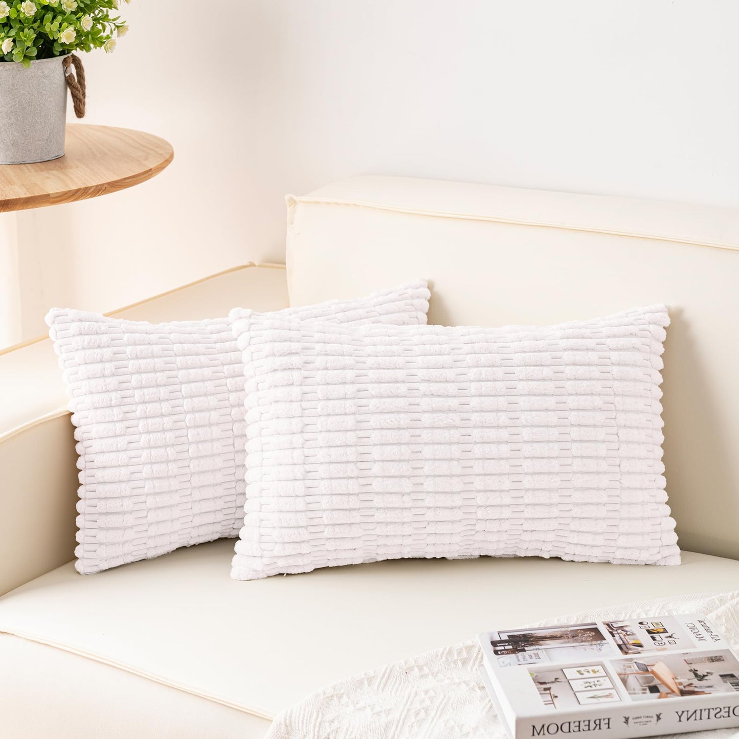 Pack of 2 Corduroy Decorative Throw Pillow Covers 18x18 Inch Soft Striped Pillow Covers Modern Farmhouse Home Decor for Sofa Living Room Couch Bed(Cream White)