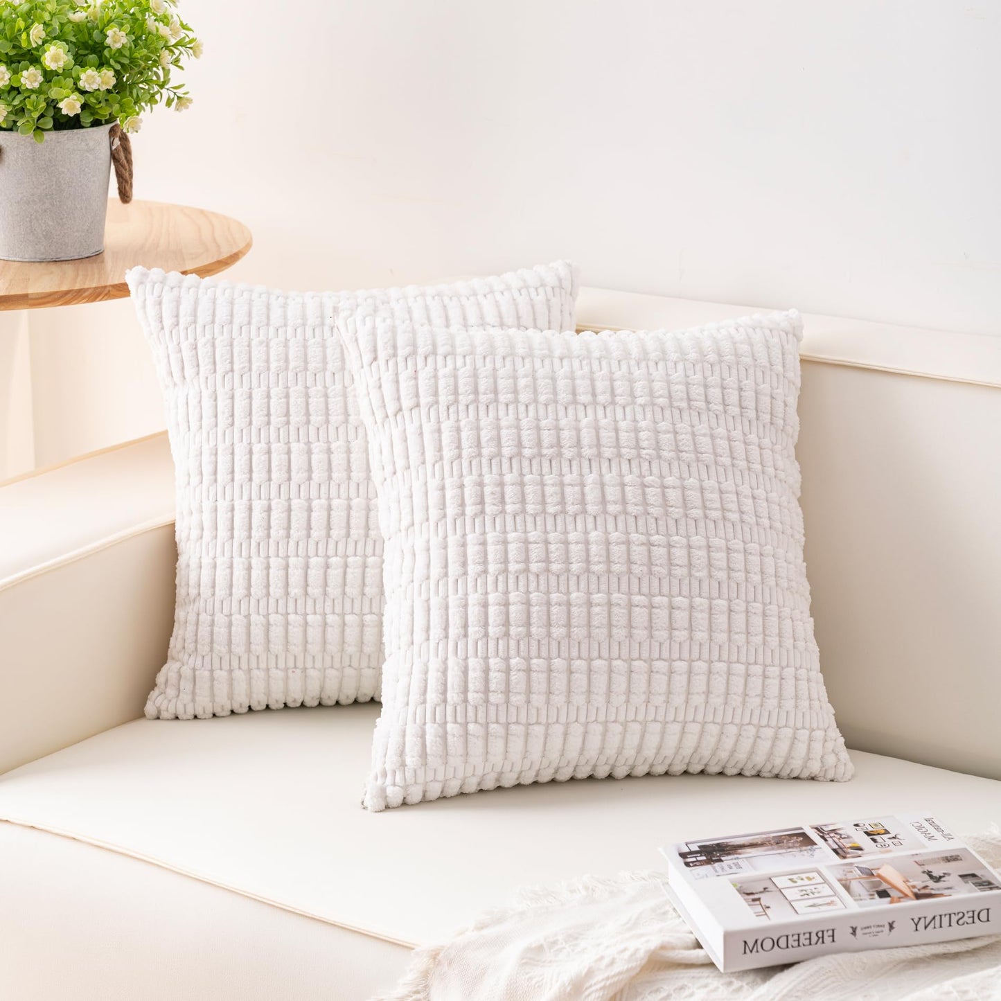 Pack of 2 Corduroy Decorative Throw Pillow Covers 18x18 Inch Soft Striped Pillow Covers Modern Farmhouse Home Decor for Sofa Living Room Couch Bed(Cream White)