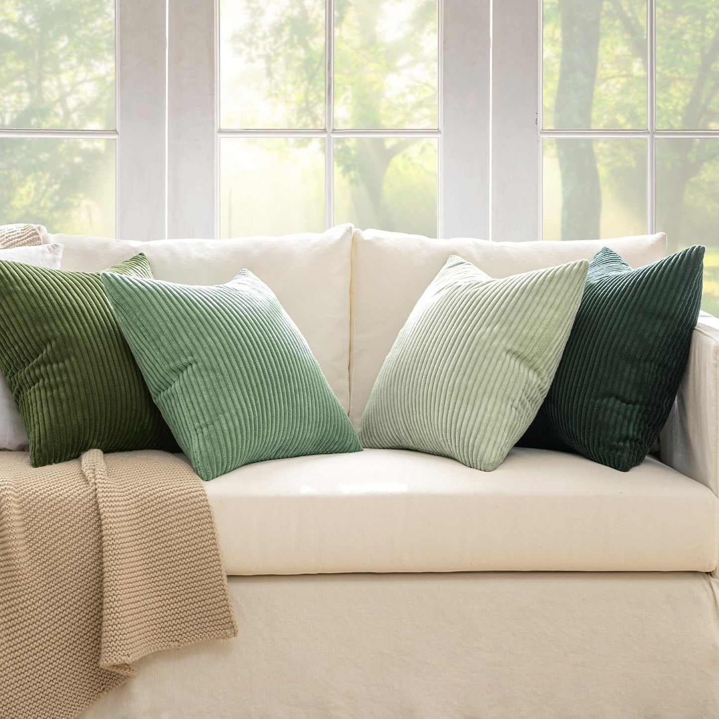 MIULEE Boho Farmhouse Sage Green Throw Pillow Covers 18x18 Inch Set of 4 Mordern Nordic Cushion Covers Soft Corduroy Christmas Home Decor for Couch Bed Sofa Living Room Forest Green