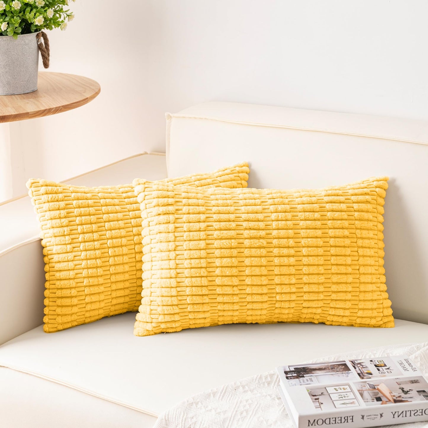Pack of 2 Corduroy Decorative Throw Pillow Covers 18x18 Inch Soft Striped Pillow Covers Modern Farmhouse Home Decor for Sofa Living Room Couch Bed(Cream White)