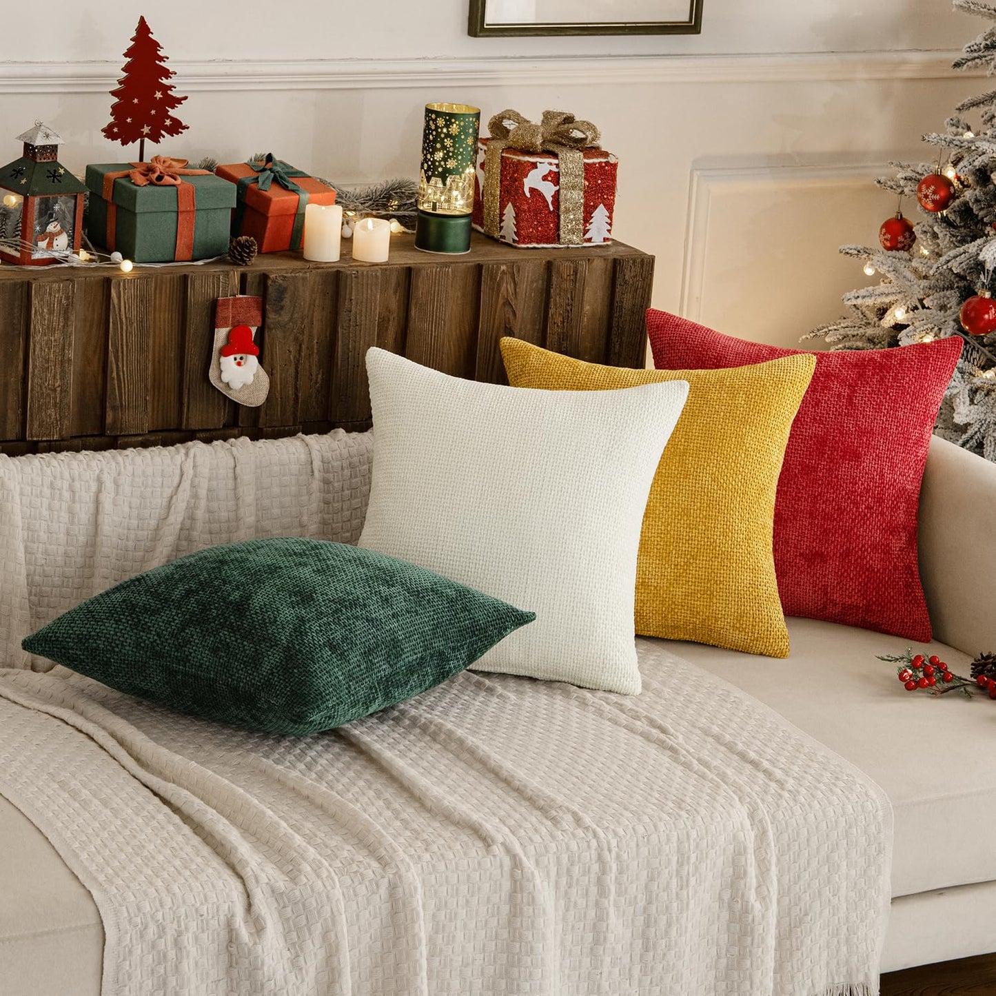 MIULEE Pack of 4 Couch Throw Pillow Covers 18x18 Inch Neutral Soft Decorative Chenille Pillow Covers Farmhouse Boho Cushion Covers for Mid Century Modern Home Decor Sofa Bedroom Living Room