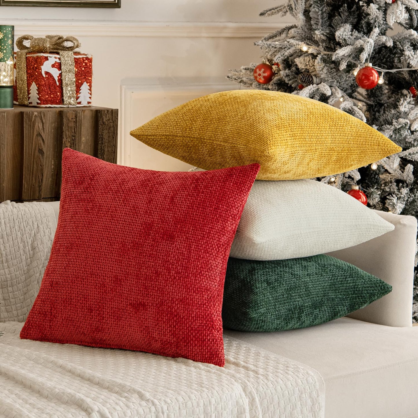 MIULEE Pack of 4 Couch Throw Pillow Covers 18x18 Inch Neutral Soft Decorative Chenille Pillow Covers Farmhouse Boho Cushion Covers for Mid Century Modern Home Decor Sofa Bedroom Living Room