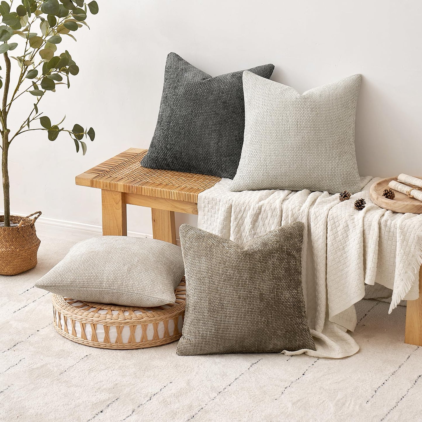 MIULEE Pack of 4 Couch Throw Pillow Covers 18x18 Inch Neutral Soft Decorative Chenille Pillow Covers Farmhouse Boho Cushion Covers for Mid Century Modern Home Decor Sofa Bedroom Living Room