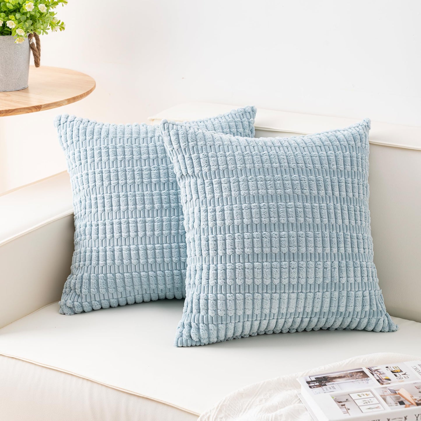Pack of 2 Corduroy Decorative Throw Pillow Covers 18x18 Inch Soft Striped Pillow Covers Modern Farmhouse Home Decor for Sofa Living Room Couch Bed(Cream White)