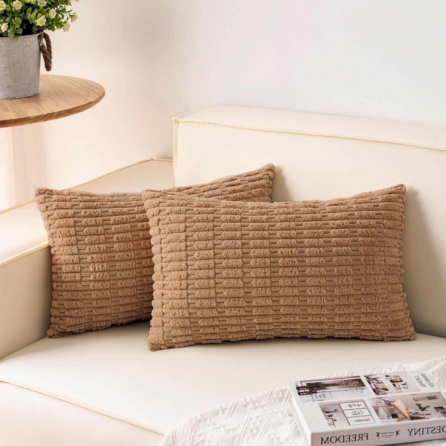 Pack of 2 Corduroy Decorative Throw Pillow Covers 18x18 Inch Soft Striped Pillow Covers Modern Farmhouse Home Decor for Sofa Living Room Couch Bed(Cream White)