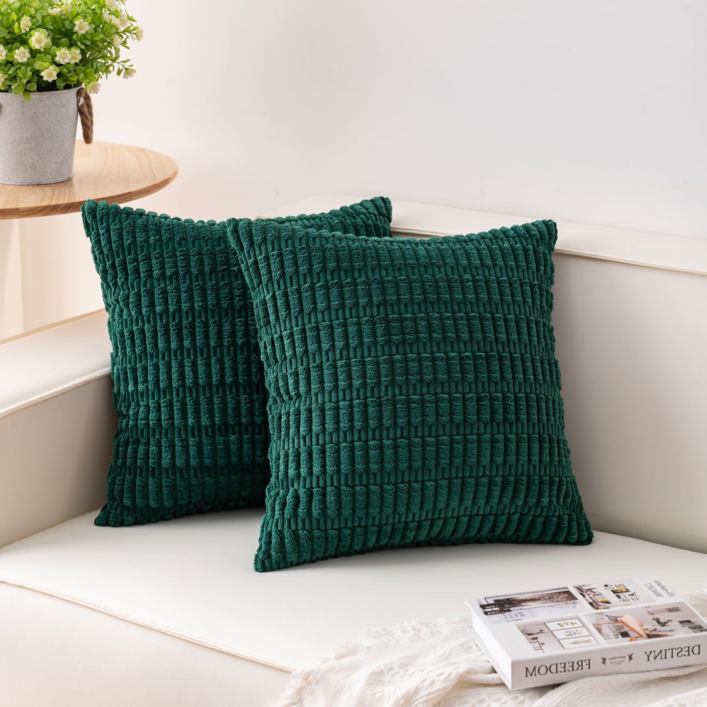 Pack of 2 Corduroy Decorative Throw Pillow Covers 18x18 Inch Soft Striped Pillow Covers Modern Farmhouse Home Decor for Sofa Living Room Couch Bed(Cream White)
