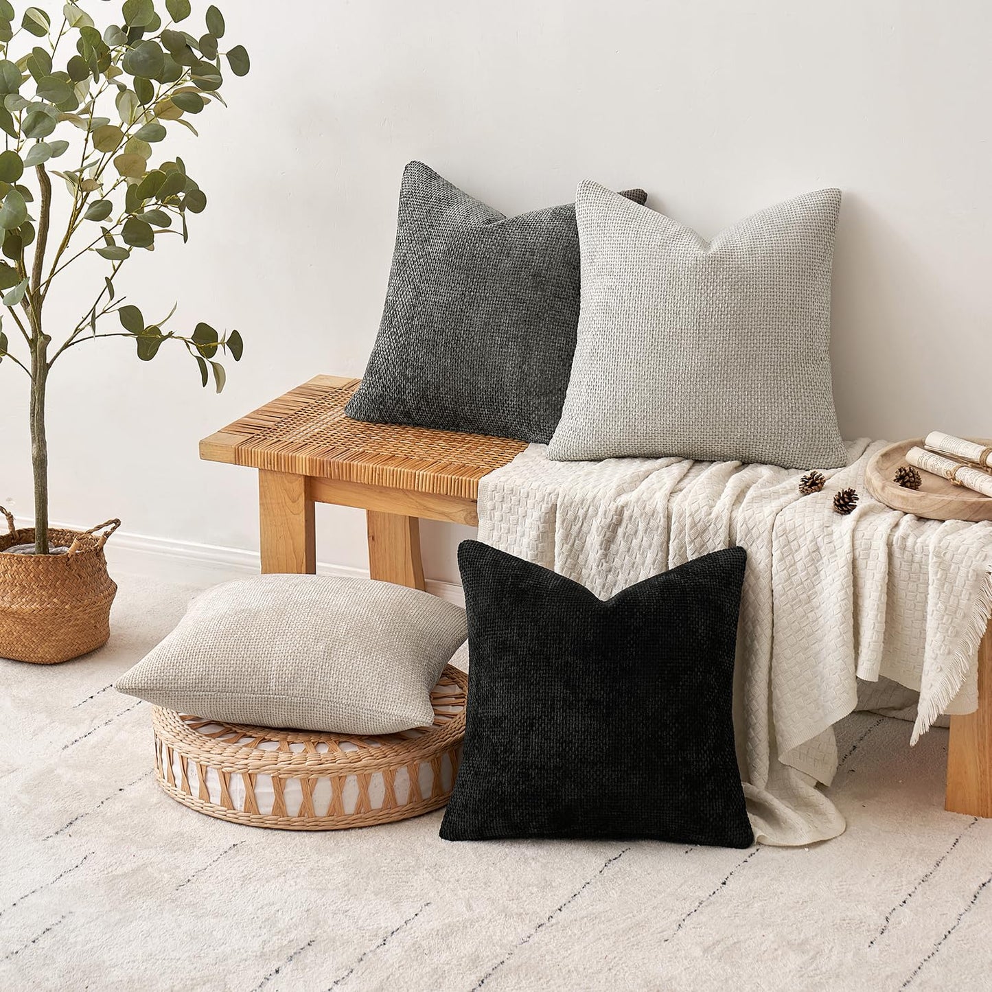 MIULEE Pack of 4 Couch Throw Pillow Covers 18x18 Inch Neutral Soft Decorative Chenille Pillow Covers Farmhouse Boho Cushion Covers for Mid Century Modern Home Decor Sofa Bedroom Living Room