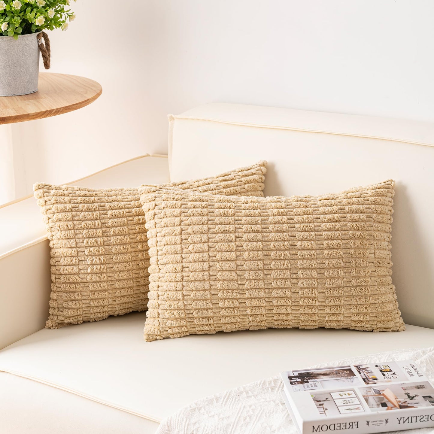 Pack of 2 Corduroy Decorative Throw Pillow Covers 18x18 Inch Soft Striped Pillow Covers Modern Farmhouse Home Decor for Sofa Living Room Couch Bed(Cream White)