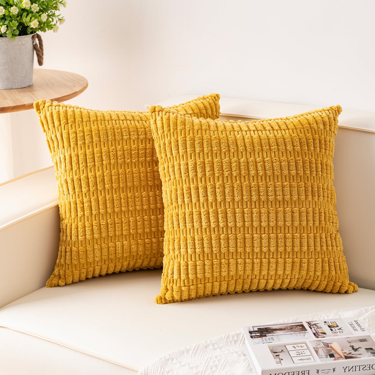 Pack of 2 Corduroy Decorative Throw Pillow Covers 18x18 Inch Soft Striped Pillow Covers Modern Farmhouse Home Decor for Sofa Living Room Couch Bed(Cream White)