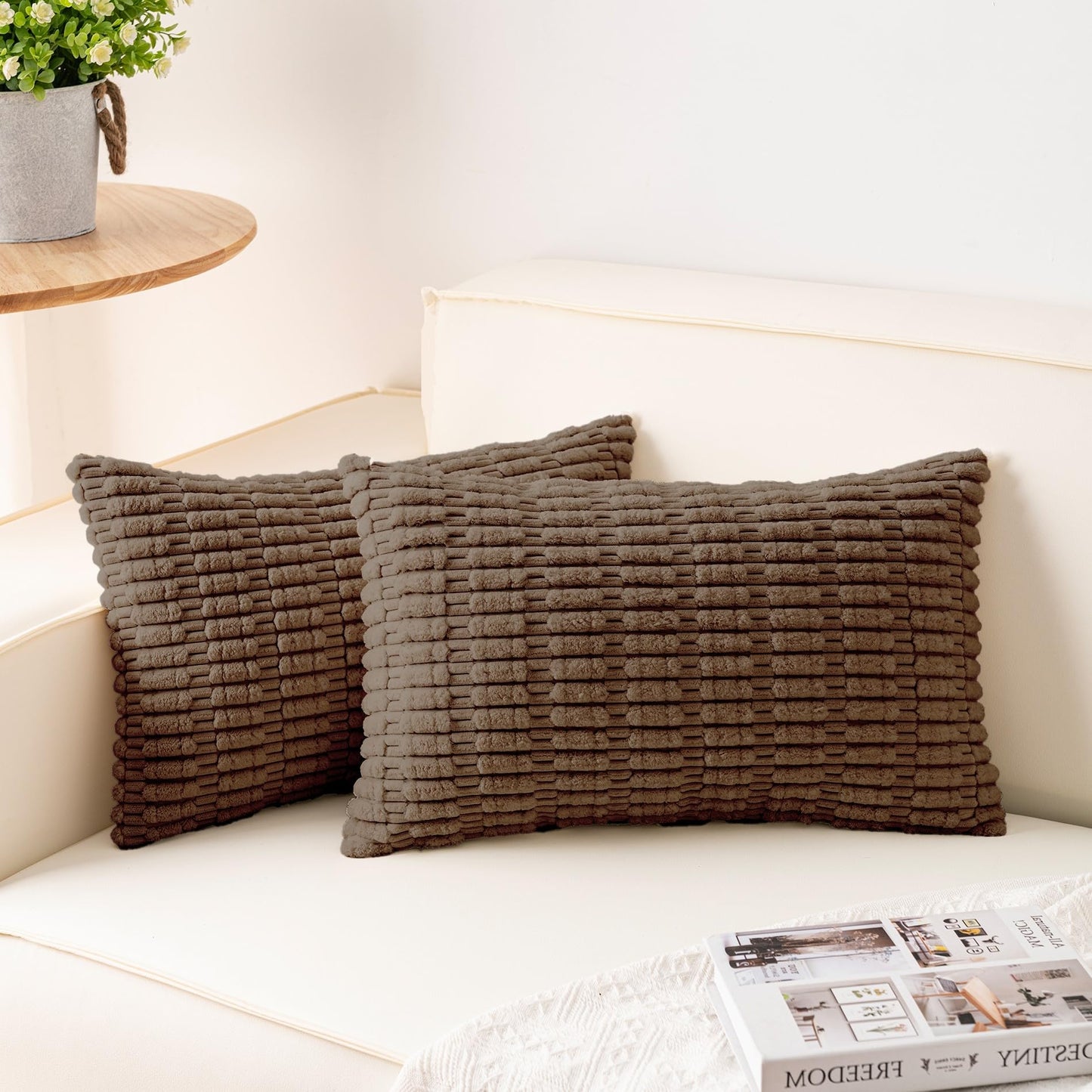 Pack of 2 Corduroy Decorative Throw Pillow Covers 18x18 Inch Soft Striped Pillow Covers Modern Farmhouse Home Decor for Sofa Living Room Couch Bed(Cream White)