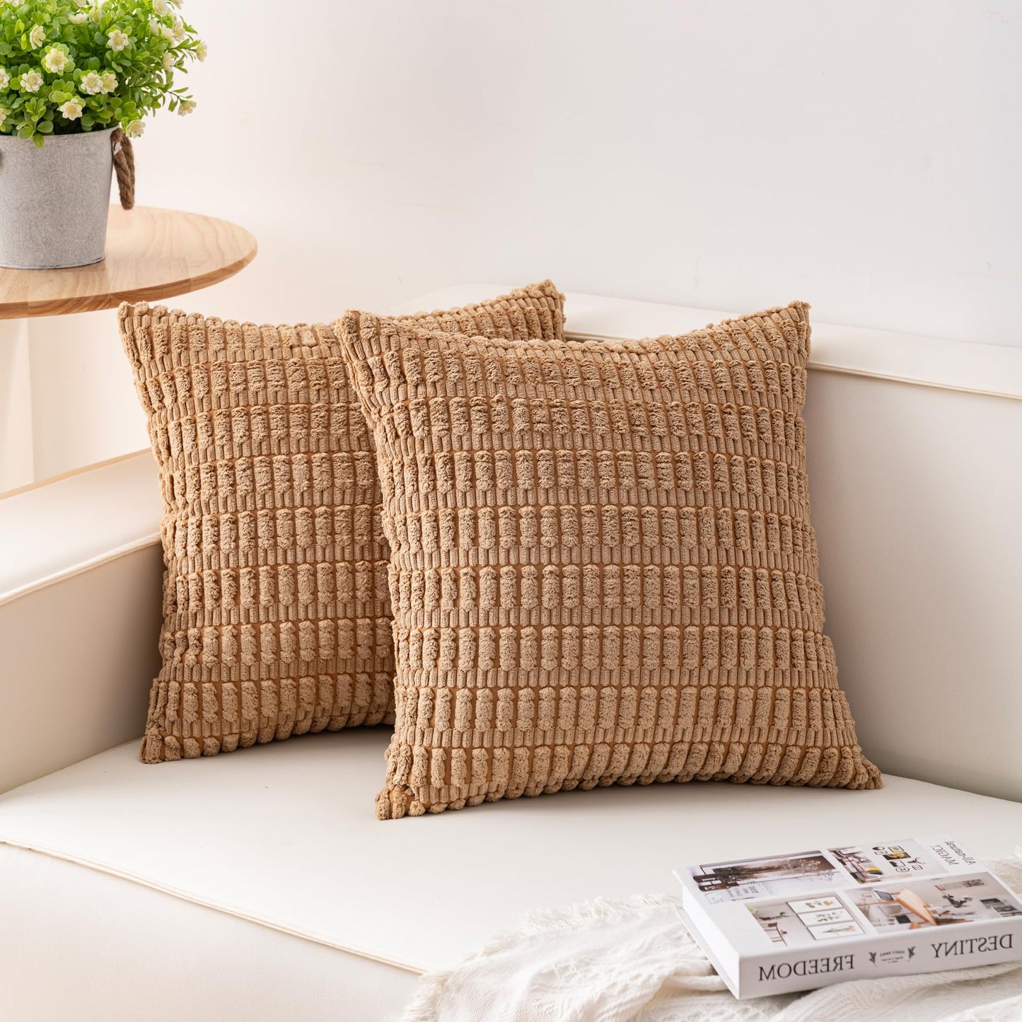 Pack of 2 Corduroy Decorative Throw Pillow Covers 18x18 Inch Soft Striped Pillow Covers Modern Farmhouse Home Decor for Sofa Living Room Couch Bed(Cream White)