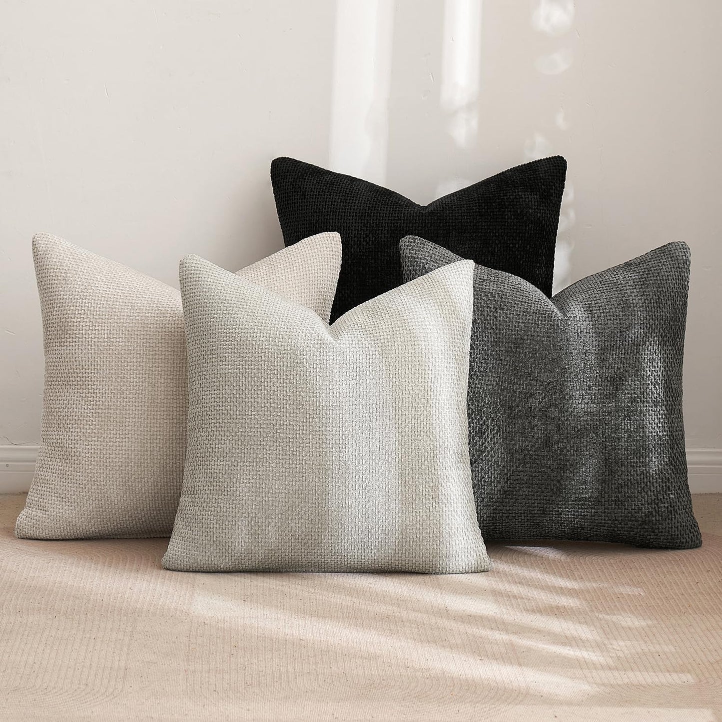 MIULEE Pack of 4 Couch Throw Pillow Covers 18x18 Inch Neutral Soft Decorative Chenille Pillow Covers Farmhouse Boho Cushion Covers for Mid Century Modern Home Decor Sofa Bedroom Living Room