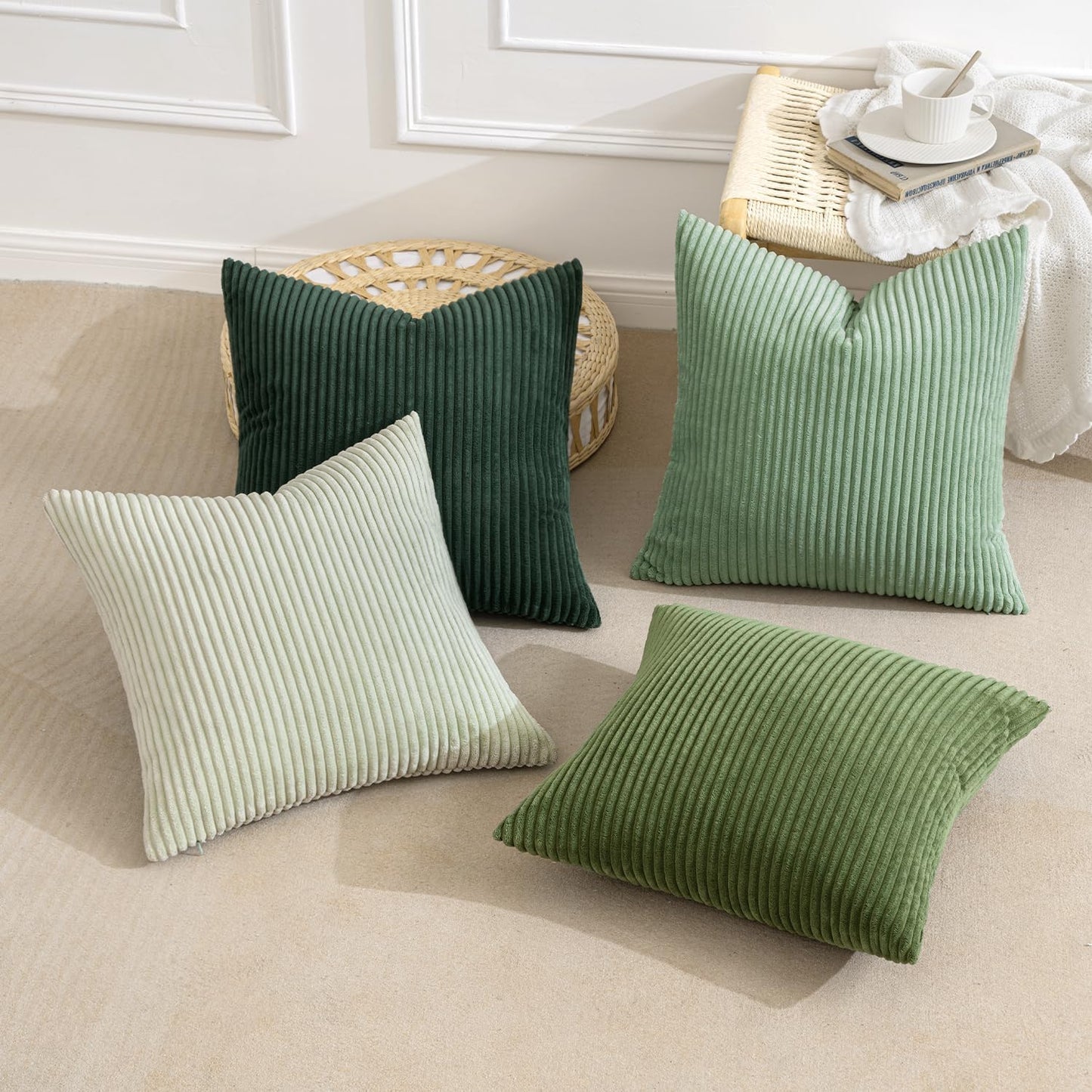 MIULEE Boho Farmhouse Sage Green Throw Pillow Covers 18x18 Inch Set of 4 Mordern Nordic Cushion Covers Soft Corduroy Christmas Home Decor for Couch Bed Sofa Living Room Forest Green