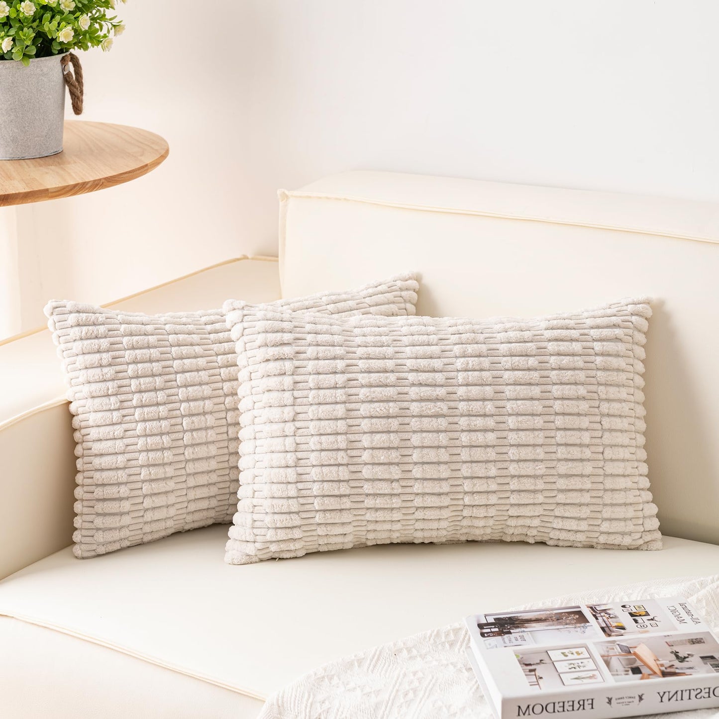 Pack of 2 Corduroy Decorative Throw Pillow Covers 18x18 Inch Soft Striped Pillow Covers Modern Farmhouse Home Decor for Sofa Living Room Couch Bed(Cream White)