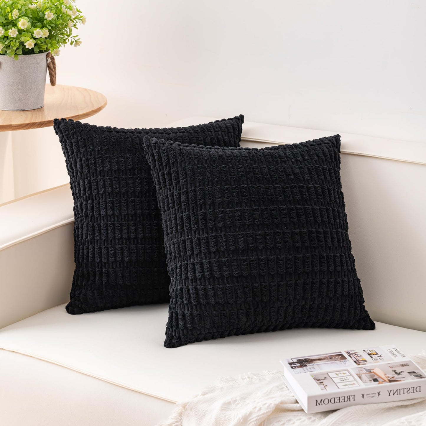 Pack of 2 Corduroy Decorative Throw Pillow Covers 18x18 Inch Soft Striped Pillow Covers Modern Farmhouse Home Decor for Sofa Living Room Couch Bed(Cream White)