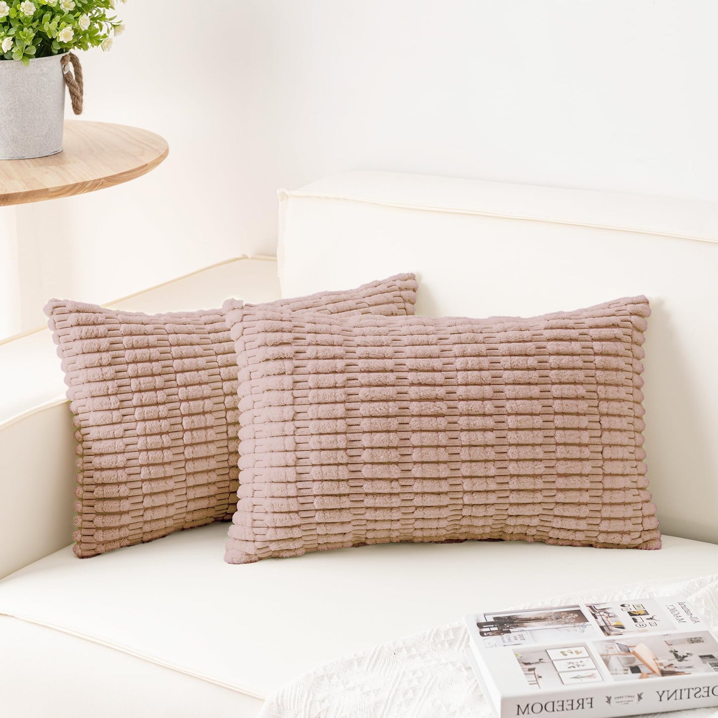 Pack of 2 Corduroy Decorative Throw Pillow Covers 18x18 Inch Soft Striped Pillow Covers Modern Farmhouse Home Decor for Sofa Living Room Couch Bed(Cream White)