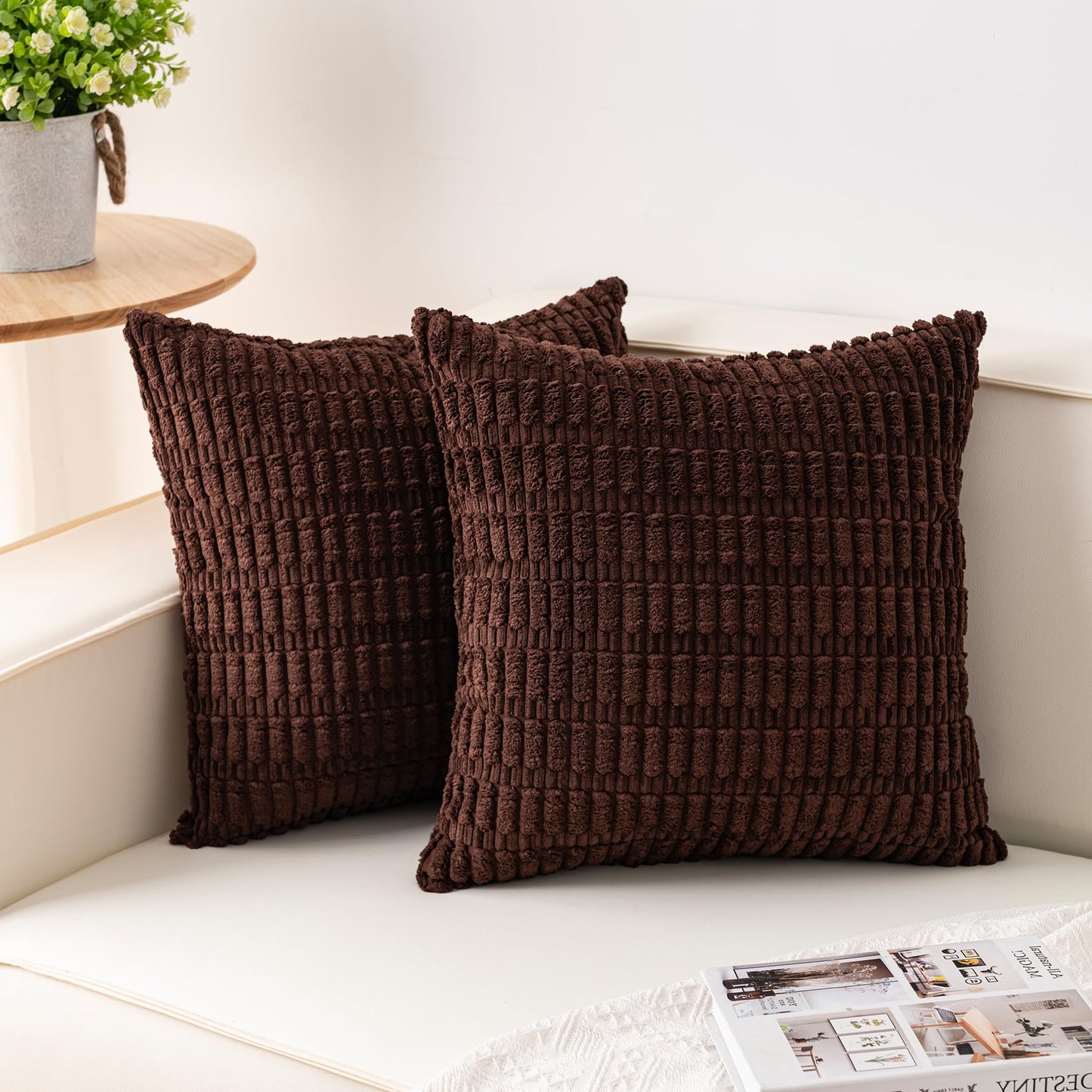 Pack of 2 Corduroy Decorative Throw Pillow Covers 18x18 Inch Soft Striped Pillow Covers Modern Farmhouse Home Decor for Sofa Living Room Couch Bed(Cream White)