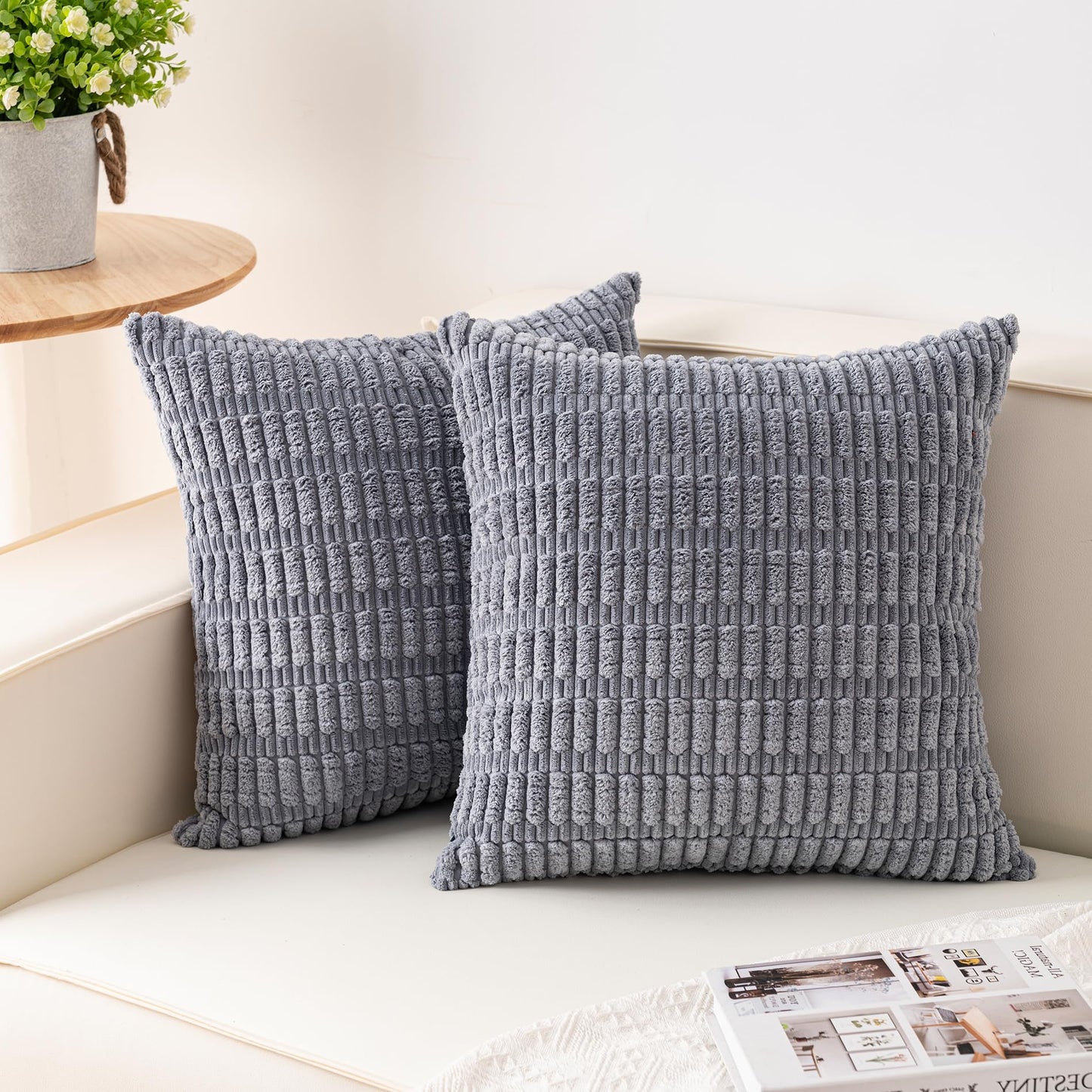 Pack of 2 Corduroy Decorative Throw Pillow Covers 18x18 Inch Soft Striped Pillow Covers Modern Farmhouse Home Decor for Sofa Living Room Couch Bed(Cream White)
