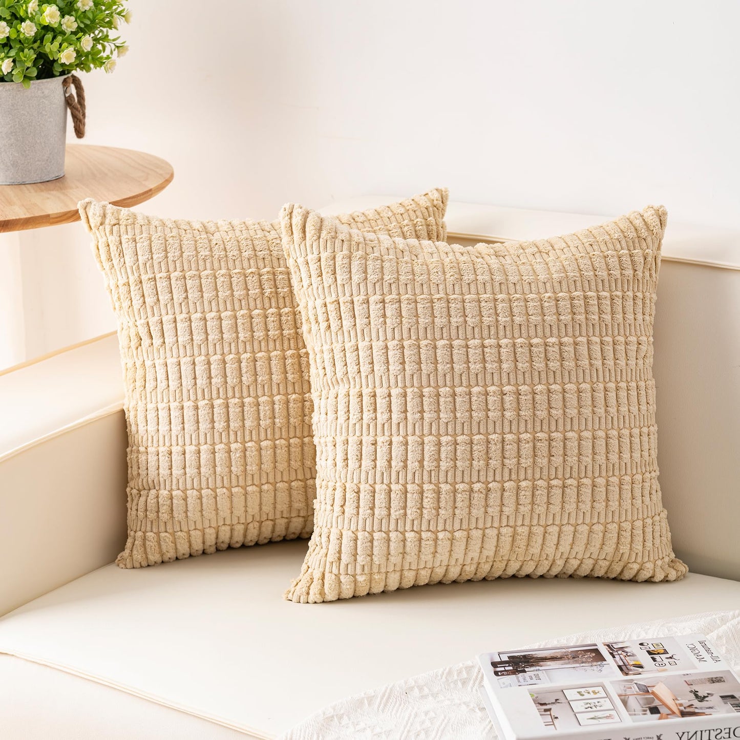 Pack of 2 Corduroy Decorative Throw Pillow Covers 18x18 Inch Soft Striped Pillow Covers Modern Farmhouse Home Decor for Sofa Living Room Couch Bed(Cream White)