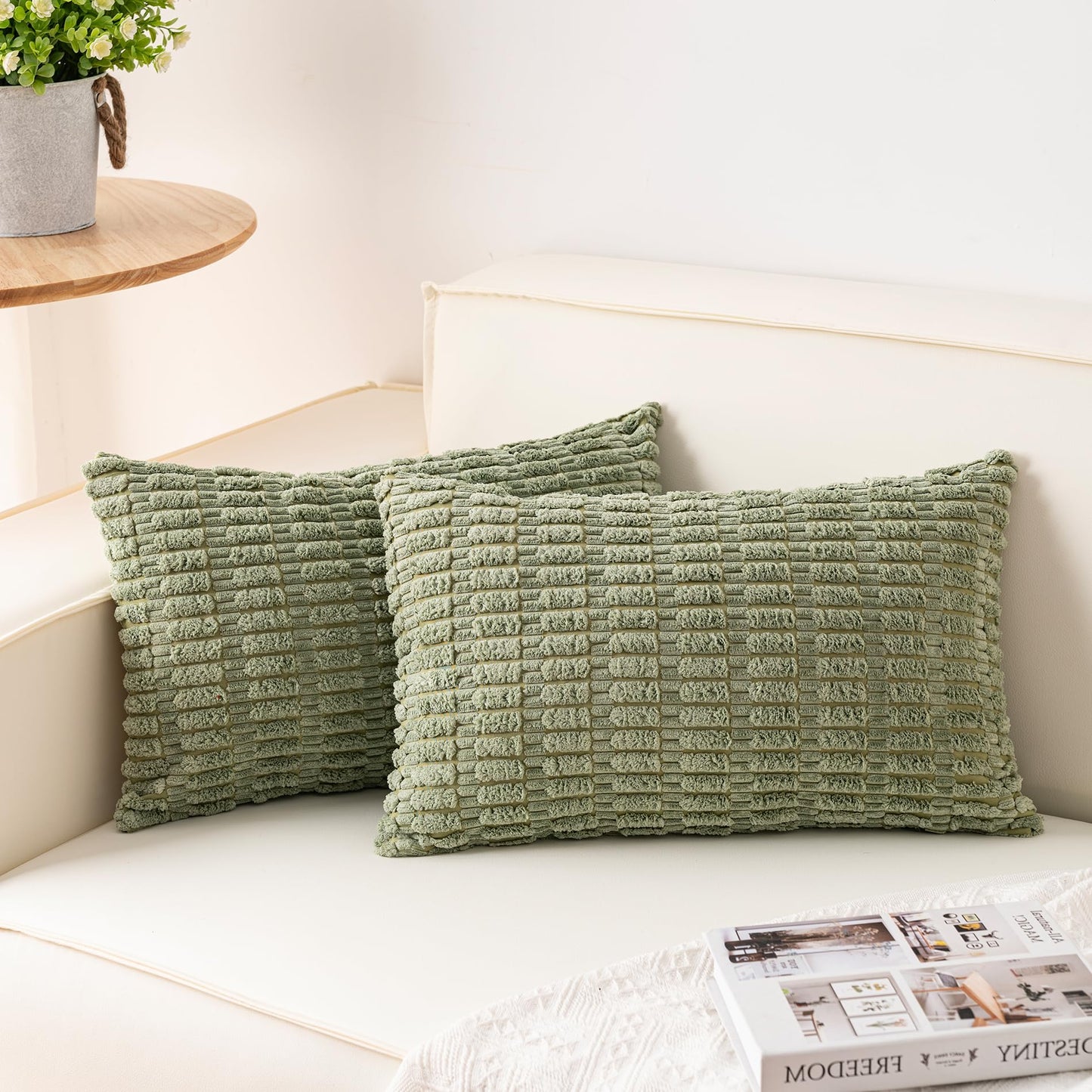Pack of 2 Corduroy Decorative Throw Pillow Covers 18x18 Inch Soft Striped Pillow Covers Modern Farmhouse Home Decor for Sofa Living Room Couch Bed(Cream White)