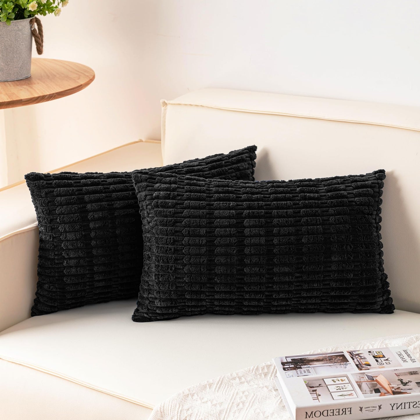 Pack of 2 Corduroy Decorative Throw Pillow Covers 18x18 Inch Soft Striped Pillow Covers Modern Farmhouse Home Decor for Sofa Living Room Couch Bed(Cream White)