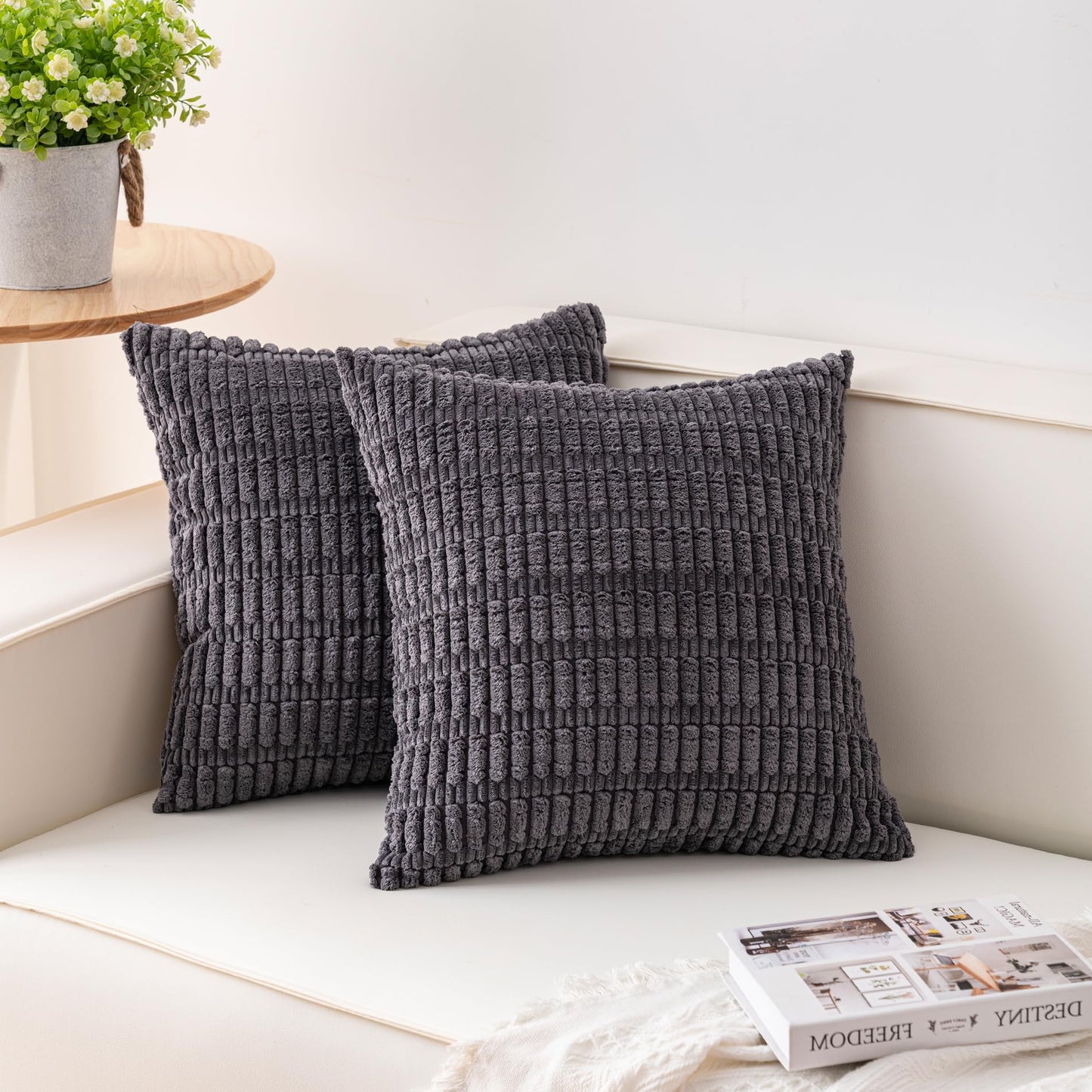 Pack of 2 Corduroy Decorative Throw Pillow Covers 18x18 Inch Soft Striped Pillow Covers Modern Farmhouse Home Decor for Sofa Living Room Couch Bed(Cream White)