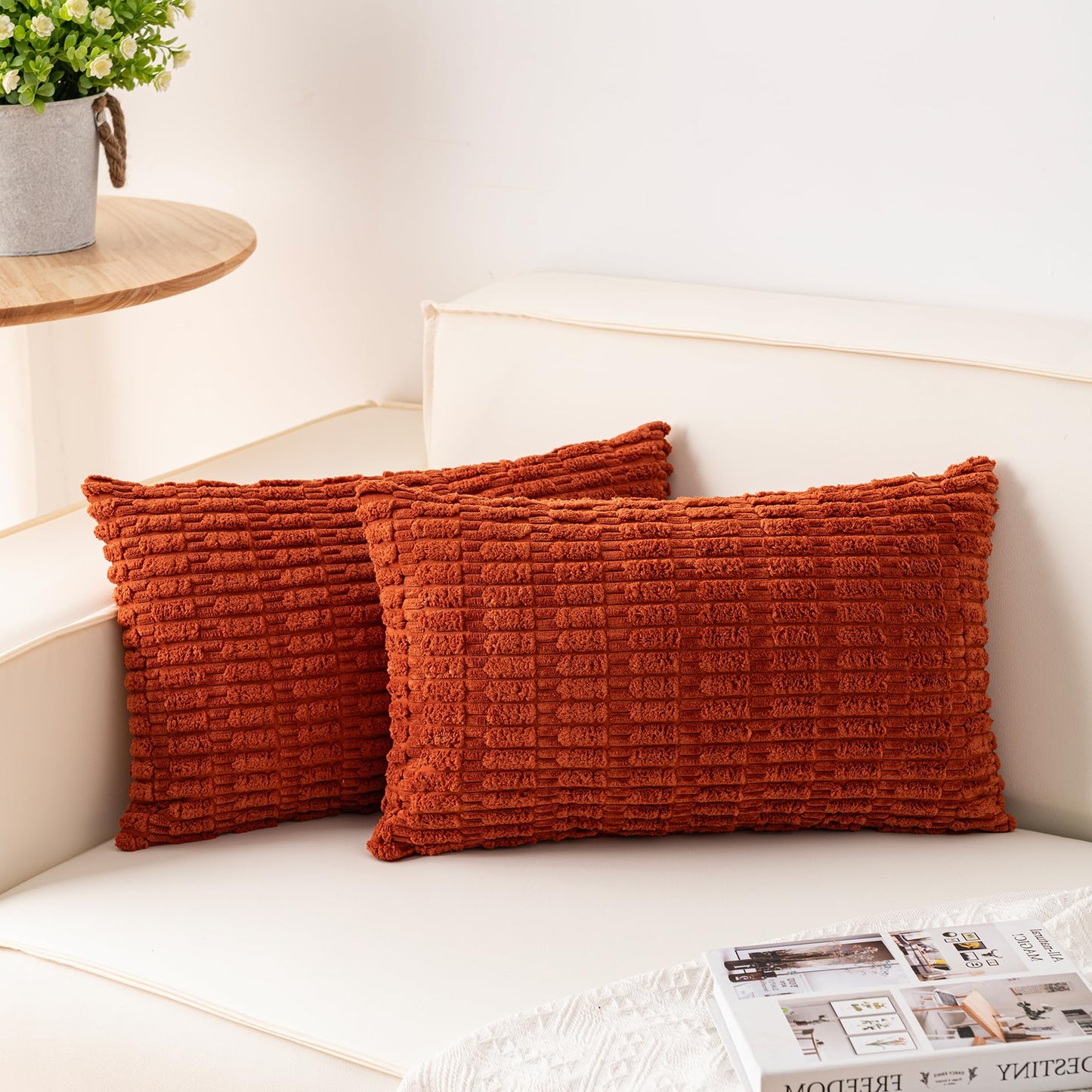 Pack of 2 Corduroy Decorative Throw Pillow Covers 18x18 Inch Soft Striped Pillow Covers Modern Farmhouse Home Decor for Sofa Living Room Couch Bed(Cream White)