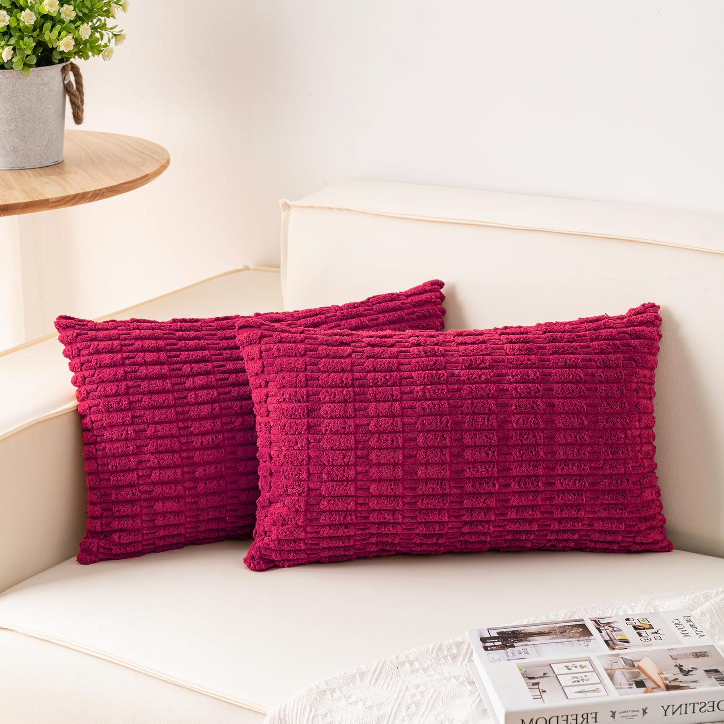 Pack of 2 Corduroy Decorative Throw Pillow Covers 18x18 Inch Soft Striped Pillow Covers Modern Farmhouse Home Decor for Sofa Living Room Couch Bed(Cream White)