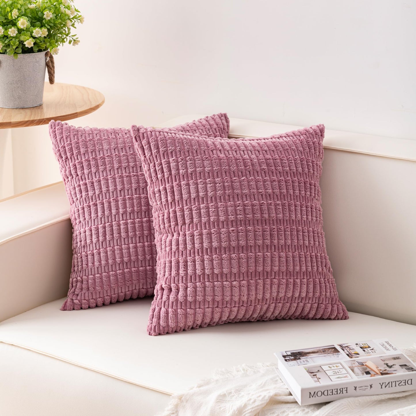 Pack of 2 Corduroy Decorative Throw Pillow Covers 18x18 Inch Soft Striped Pillow Covers Modern Farmhouse Home Decor for Sofa Living Room Couch Bed(Cream White)