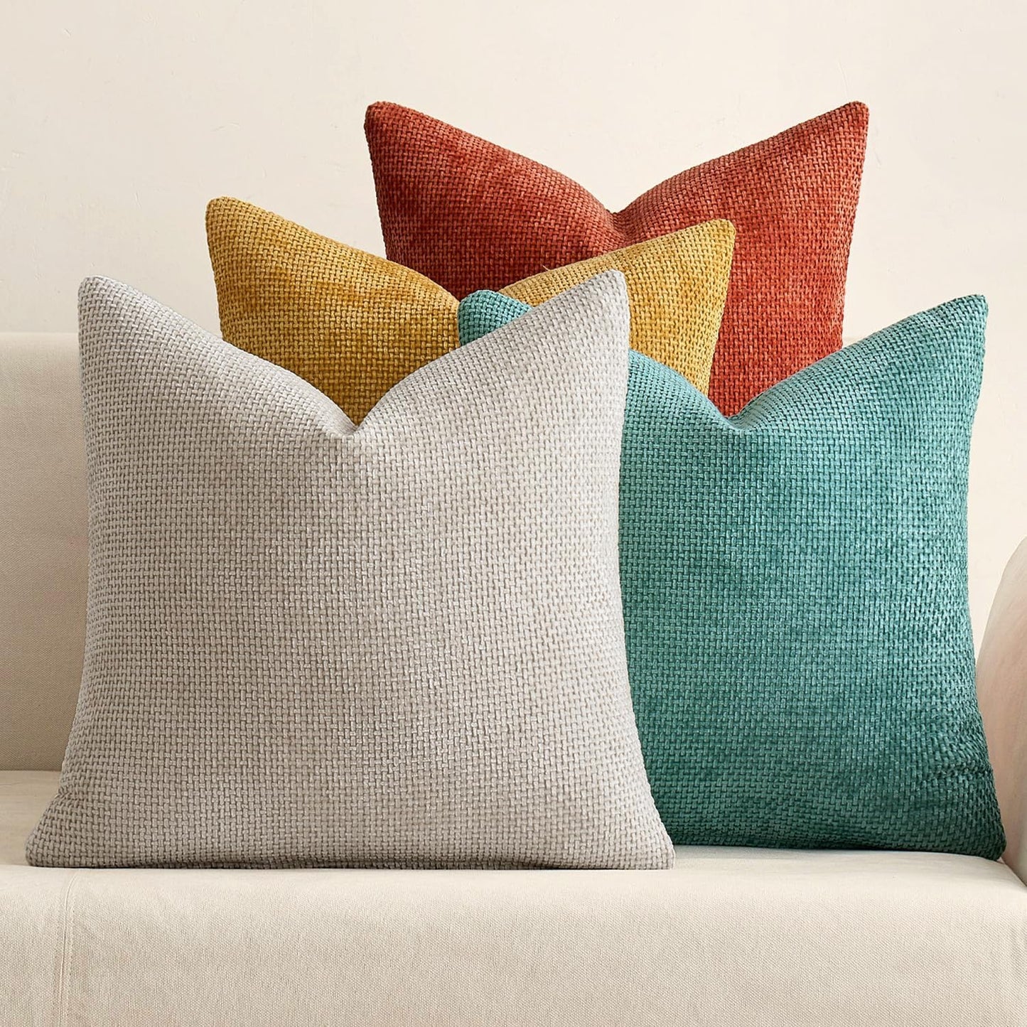 MIULEE Pack of 4 Couch Throw Pillow Covers 18x18 Inch Neutral Soft Decorative Chenille Pillow Covers Farmhouse Boho Cushion Covers for Mid Century Modern Home Decor Sofa Bedroom Living Room