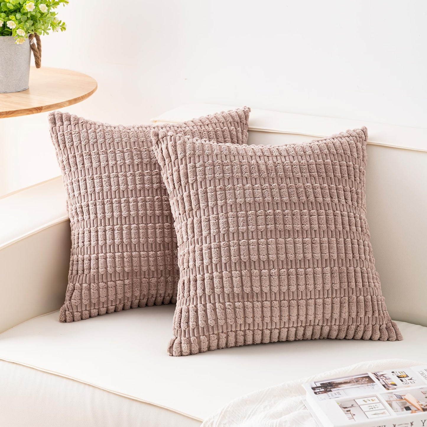 Pack of 2 Corduroy Decorative Throw Pillow Covers 18x18 Inch Soft Striped Pillow Covers Modern Farmhouse Home Decor for Sofa Living Room Couch Bed(Cream White)