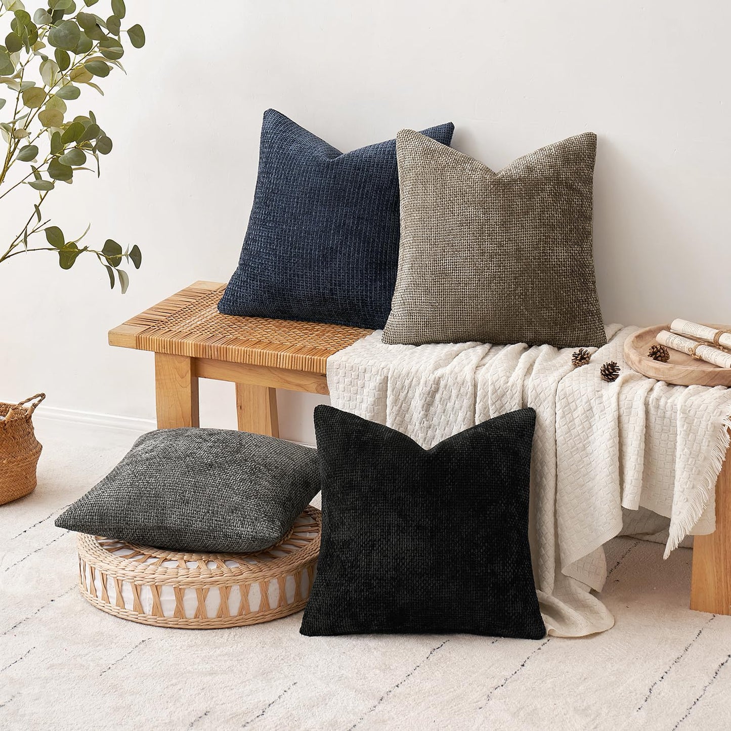 MIULEE Pack of 4 Couch Throw Pillow Covers 18x18 Inch Neutral Soft Decorative Chenille Pillow Covers Farmhouse Boho Cushion Covers for Mid Century Modern Home Decor Sofa Bedroom Living Room