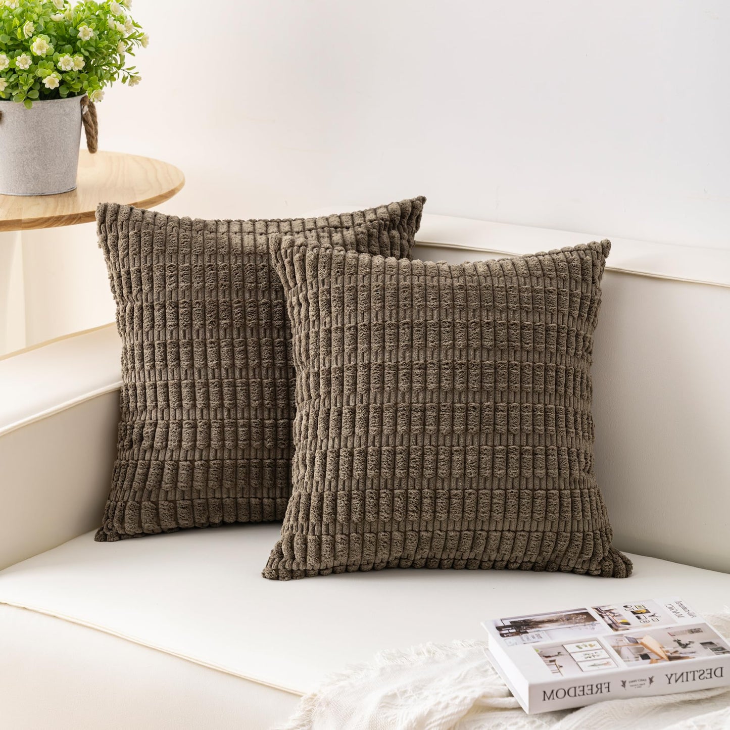 Pack of 2 Corduroy Decorative Throw Pillow Covers 18x18 Inch Soft Striped Pillow Covers Modern Farmhouse Home Decor for Sofa Living Room Couch Bed(Cream White)