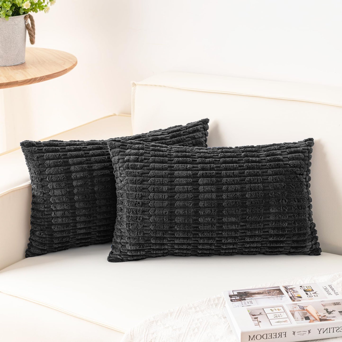 Pack of 2 Corduroy Decorative Throw Pillow Covers 18x18 Inch Soft Striped Pillow Covers Modern Farmhouse Home Decor for Sofa Living Room Couch Bed(Cream White)