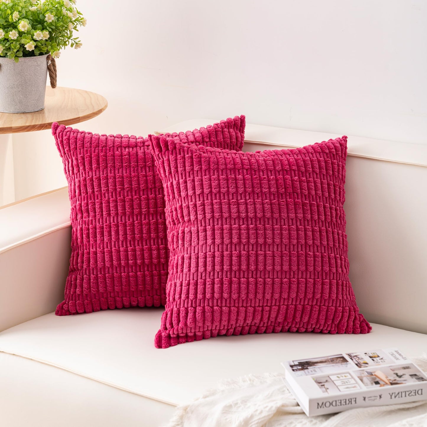 Pack of 2 Corduroy Decorative Throw Pillow Covers 18x18 Inch Soft Striped Pillow Covers Modern Farmhouse Home Decor for Sofa Living Room Couch Bed(Cream White)