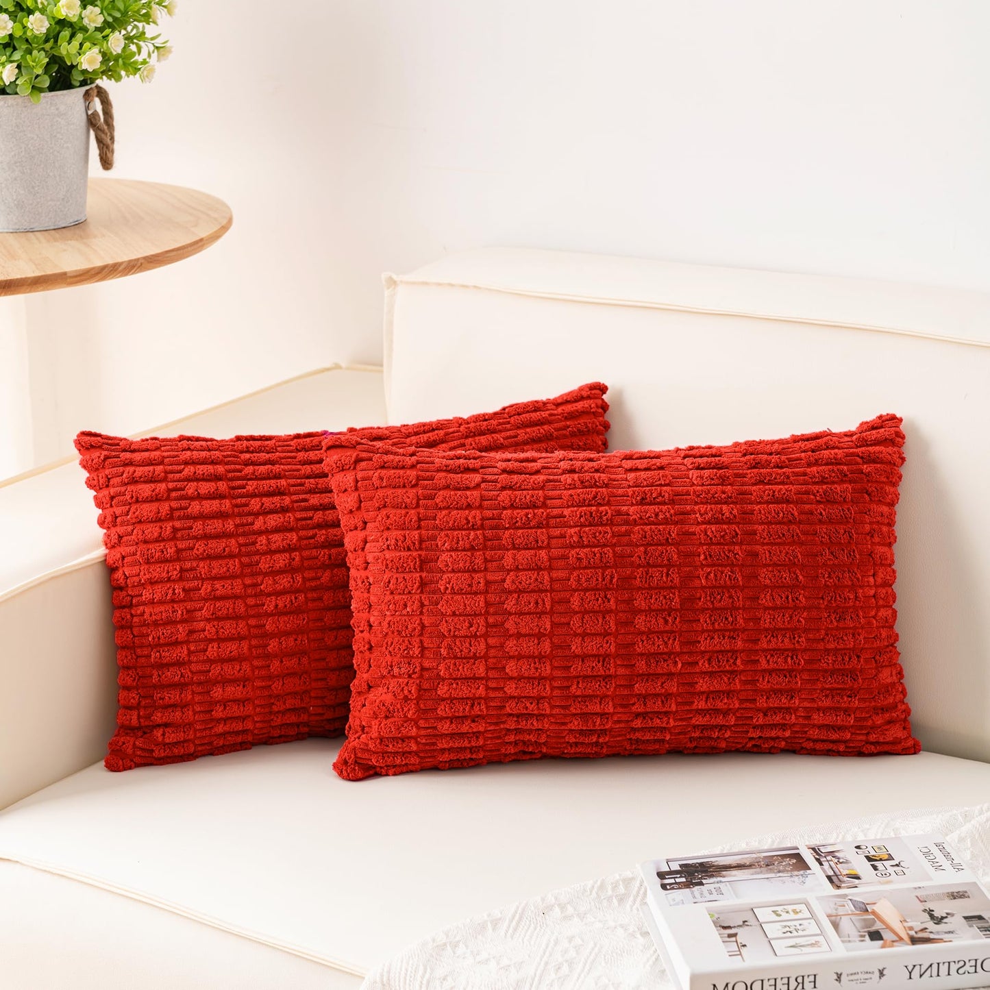 Pack of 2 Corduroy Decorative Throw Pillow Covers 18x18 Inch Soft Striped Pillow Covers Modern Farmhouse Home Decor for Sofa Living Room Couch Bed(Cream White)