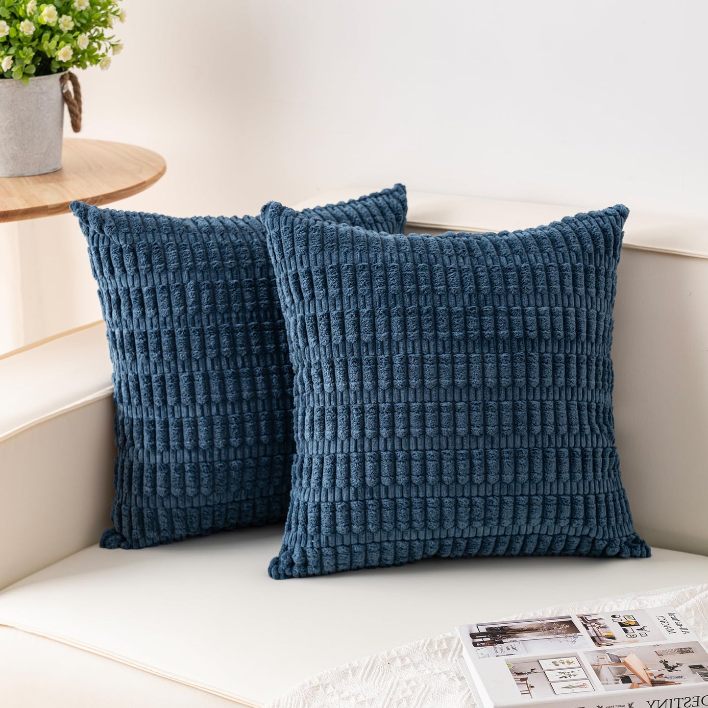 Pack of 2 Corduroy Decorative Throw Pillow Covers 18x18 Inch Soft Striped Pillow Covers Modern Farmhouse Home Decor for Sofa Living Room Couch Bed(Cream White)