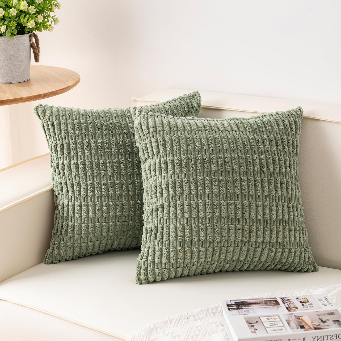 Pack of 2 Corduroy Decorative Throw Pillow Covers 18x18 Inch Soft Striped Pillow Covers Modern Farmhouse Home Decor for Sofa Living Room Couch Bed(Cream White)