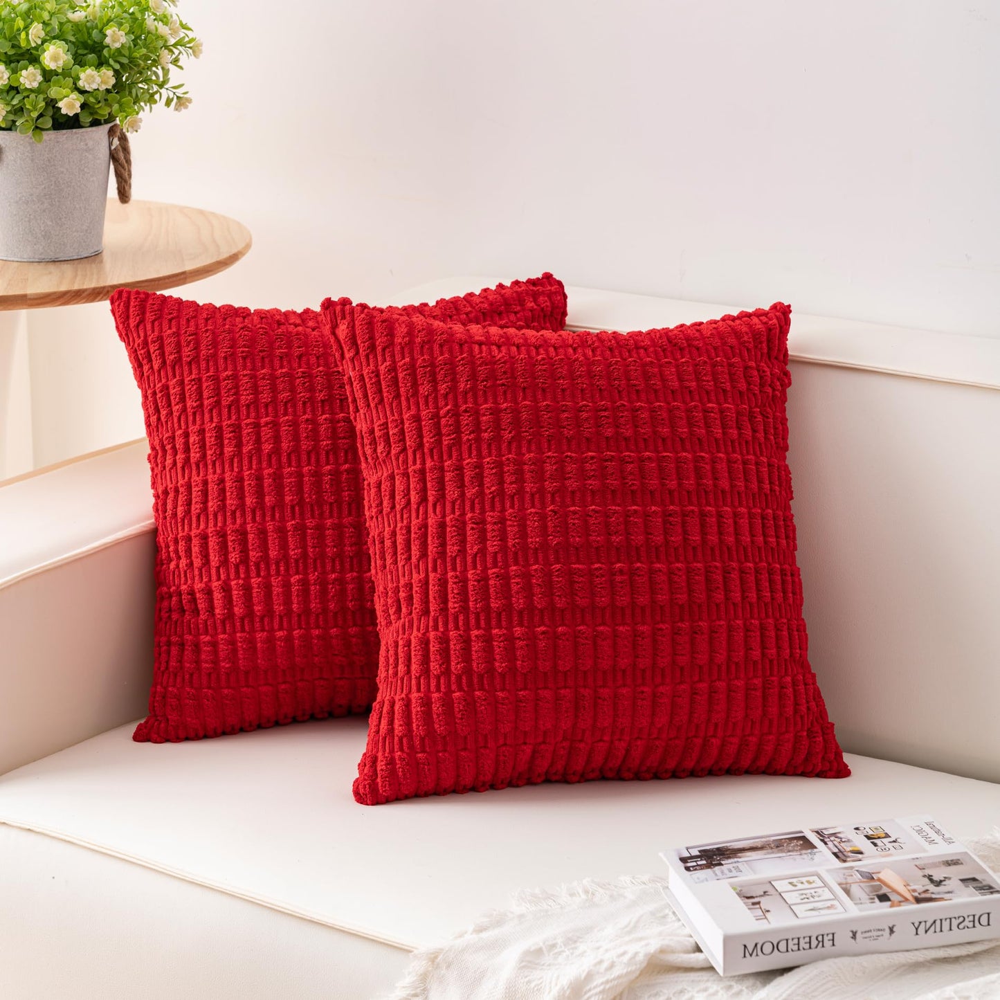 Pack of 2 Corduroy Decorative Throw Pillow Covers 18x18 Inch Soft Striped Pillow Covers Modern Farmhouse Home Decor for Sofa Living Room Couch Bed(Cream White)