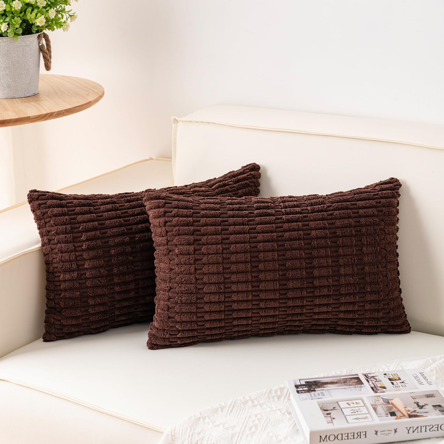 Pack of 2 Corduroy Decorative Throw Pillow Covers 18x18 Inch Soft Striped Pillow Covers Modern Farmhouse Home Decor for Sofa Living Room Couch Bed(Cream White)