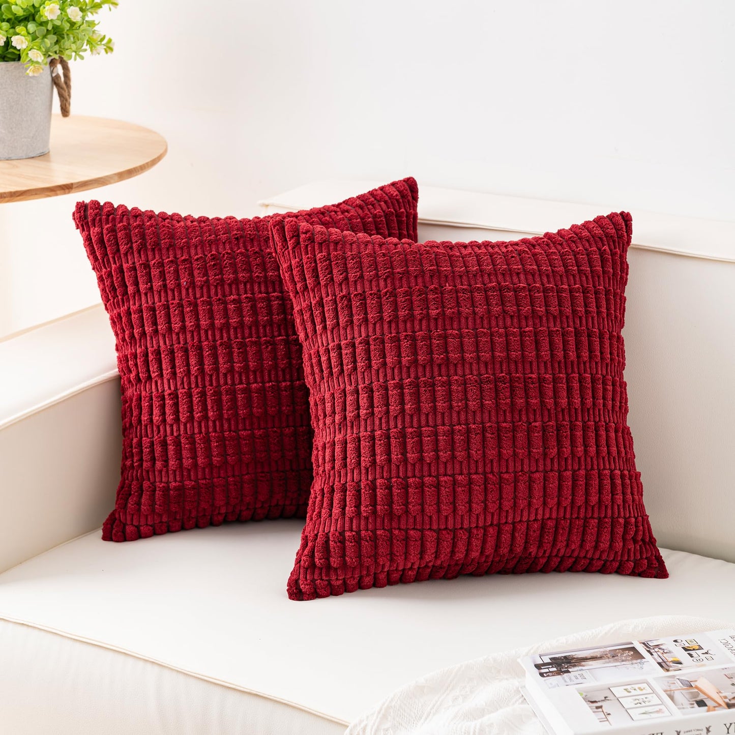 Pack of 2 Corduroy Decorative Throw Pillow Covers 18x18 Inch Soft Striped Pillow Covers Modern Farmhouse Home Decor for Sofa Living Room Couch Bed(Cream White)