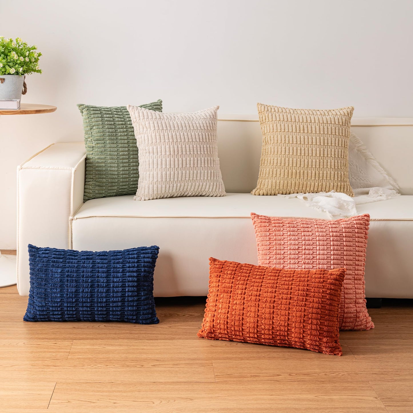 Pack of 2 Corduroy Decorative Throw Pillow Covers 18x18 Inch Soft Striped Pillow Covers Modern Farmhouse Home Decor for Sofa Living Room Couch Bed(Cream White)