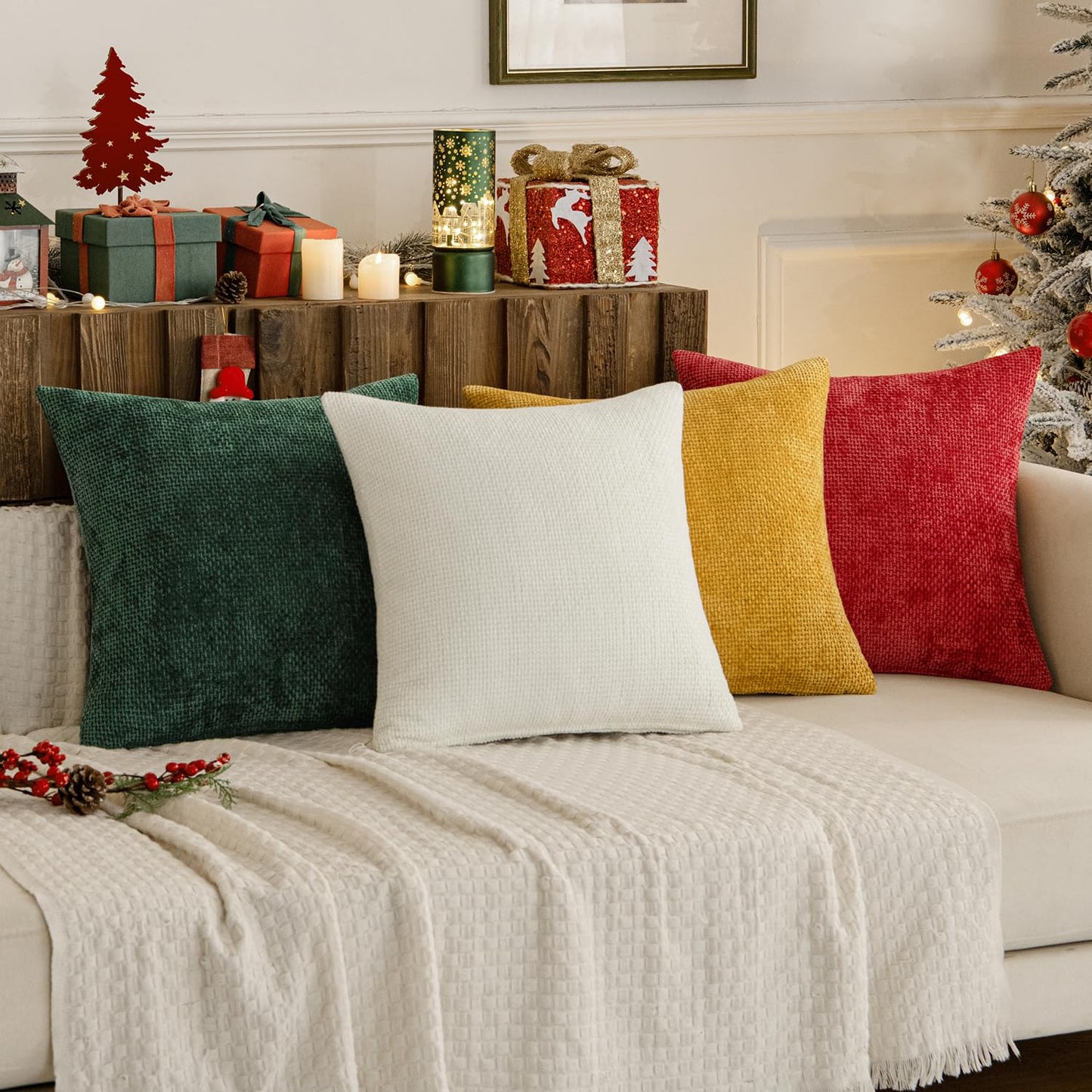 MIULEE Pack of 4 Couch Throw Pillow Covers 18x18 Inch Neutral Soft Decorative Chenille Pillow Covers Farmhouse Boho Cushion Covers for Mid Century Modern Home Decor Sofa Bedroom Living Room