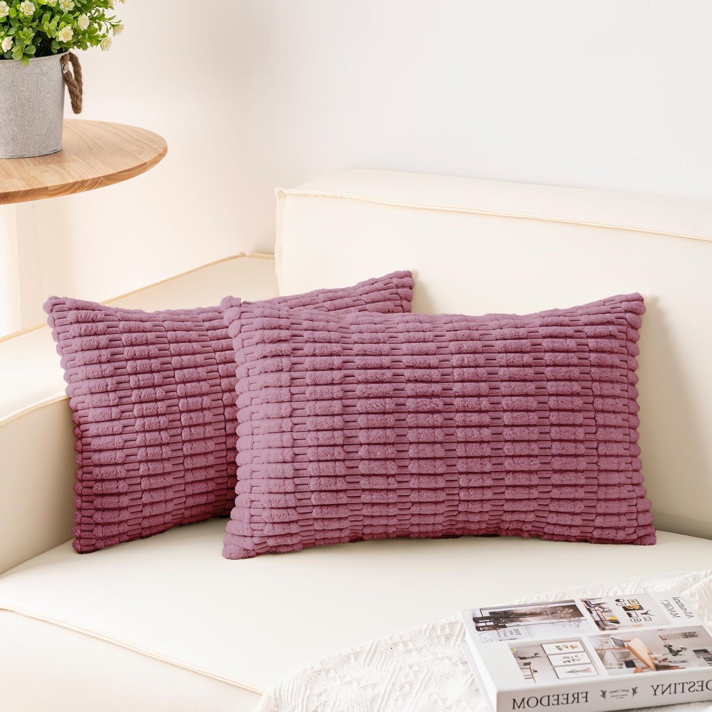Pack of 2 Corduroy Decorative Throw Pillow Covers 18x18 Inch Soft Striped Pillow Covers Modern Farmhouse Home Decor for Sofa Living Room Couch Bed(Cream White)